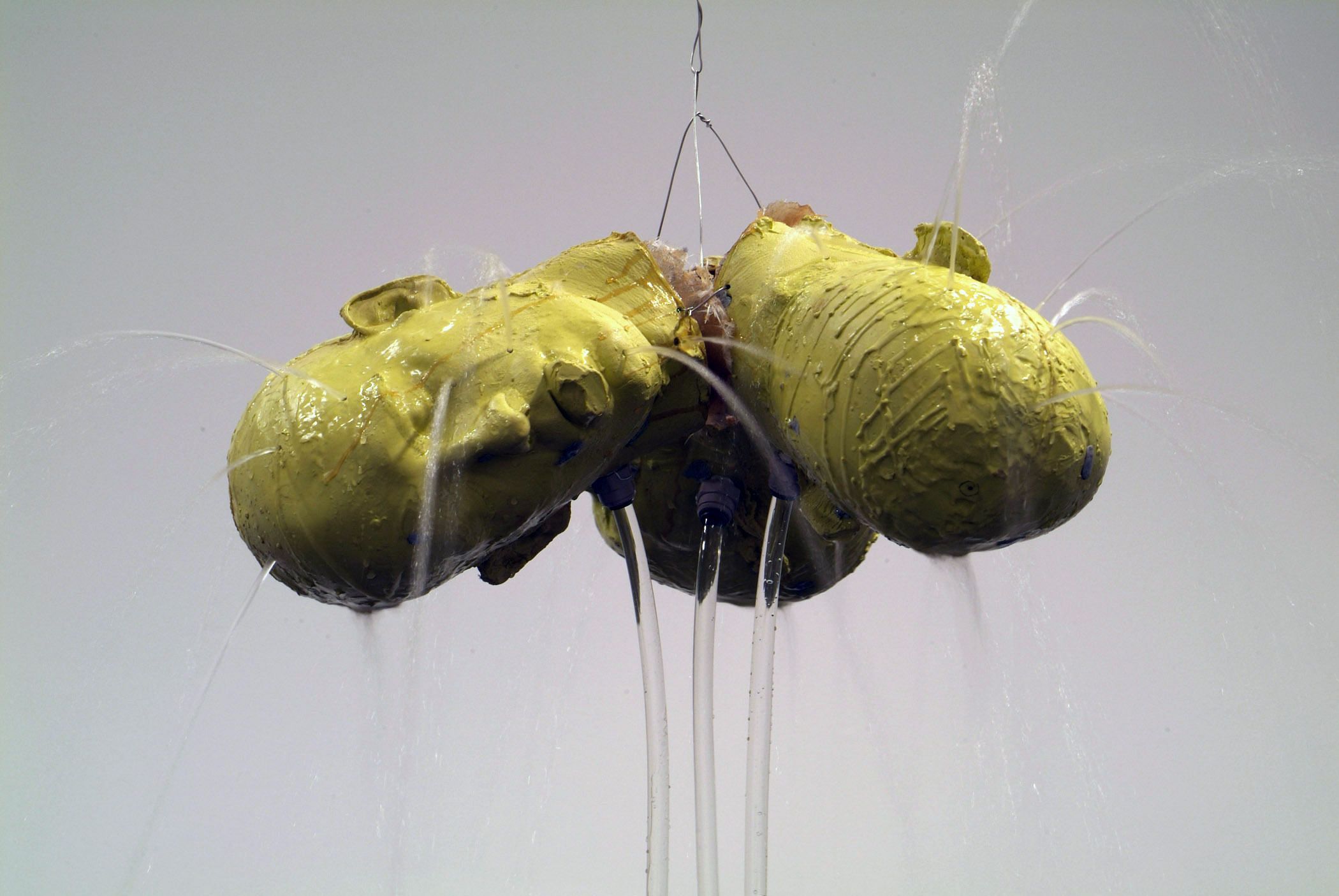 Bruce Nauman, 3 Heads Fountain (3 Andrews) (détail) 2005 Résine époxy, fibre de verre, câble métallique, tubes en plastique, pompe à eau, bassin en bois, revêtement en caoutchouc pour bassin 25,4 x 53,3 x 53,3 cm (sculpture) / Pinault Collection.