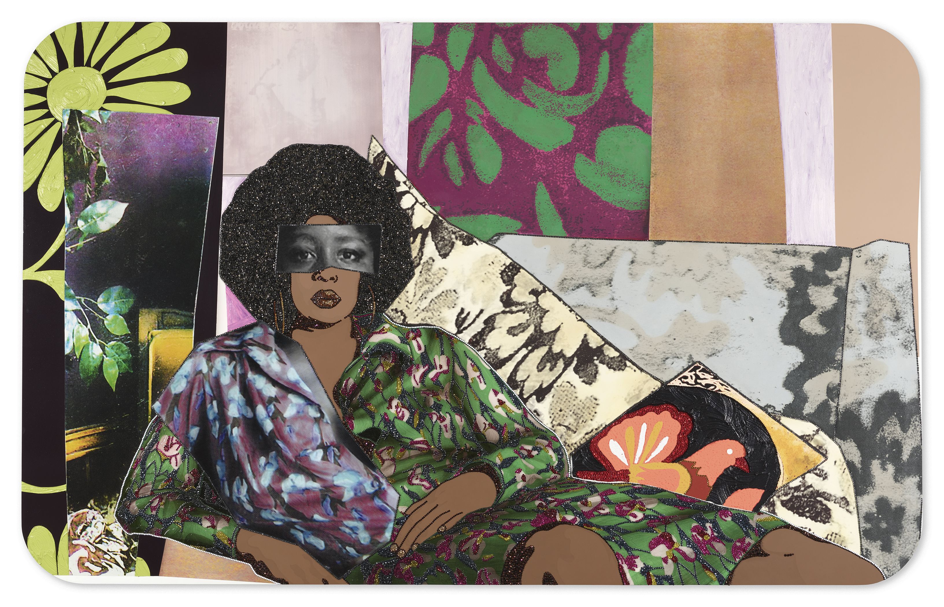 Mickalene Thomas, Afro Goddess Looking Forward, 2015, Strass, acrylique et huile sur panneau de bois, 152,4 x 243,8 x 5,1 cm / Courtesy de l'artiste.