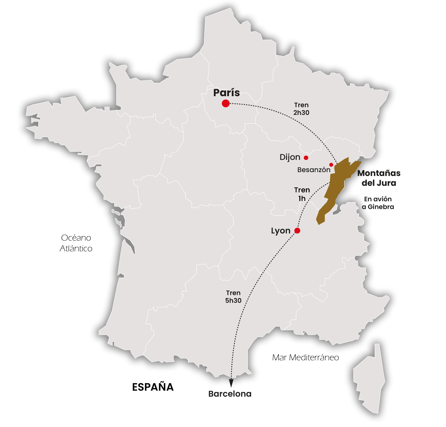 Mapa de cómo llegar a las Montañas del Jura