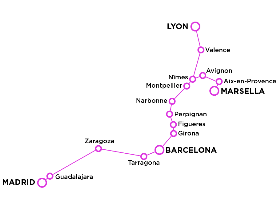 Mapa de conexiones de AVE entre España y Francia.